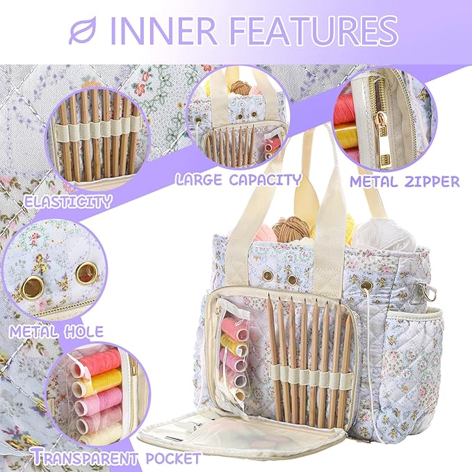 SilTriangle Large Floral Quilted Crochet Knitting Bags and Totes Organizer Cotton Yarn Hook Bag Holder Christmas Corduroy Gift for Crochet Lover Crocheting Accessories, Needle with Zipper, Size M