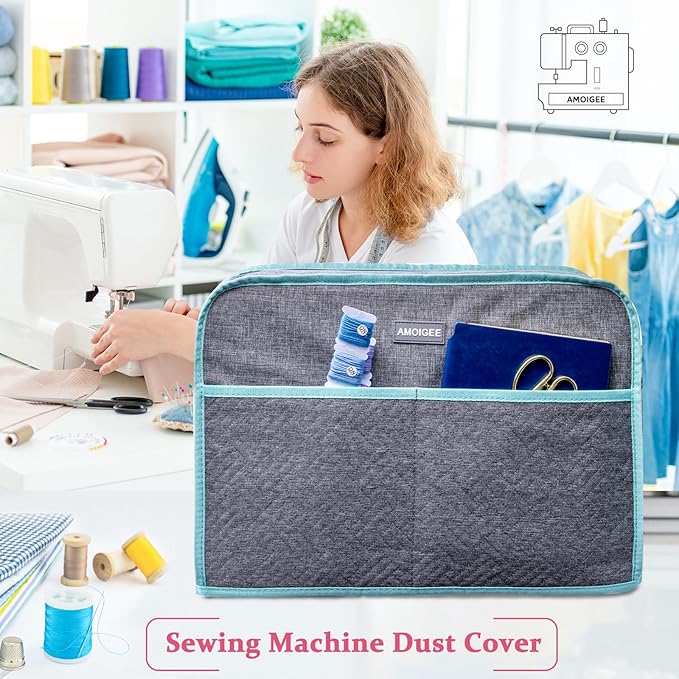 AMOIGEE Sewing Machine Cover for Brother, Singer, Janome – Quilted Dust Cover with Storage Pockets, Padded Protective Sewing Machine Case Fits Most Standard Sewing Machines (17" x 7" x 12")