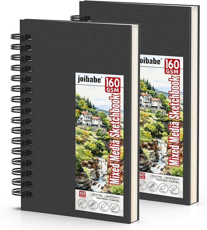 Hardcover Sketch Book，Double-Sided Hardbound Sketchbook, Spiral Sketch Pad,Acid Free Painting Art Paper for Kids and Adults (5.5x8.5 2Pack Mixed Media Sketchbook（160Gsm/98LB）)