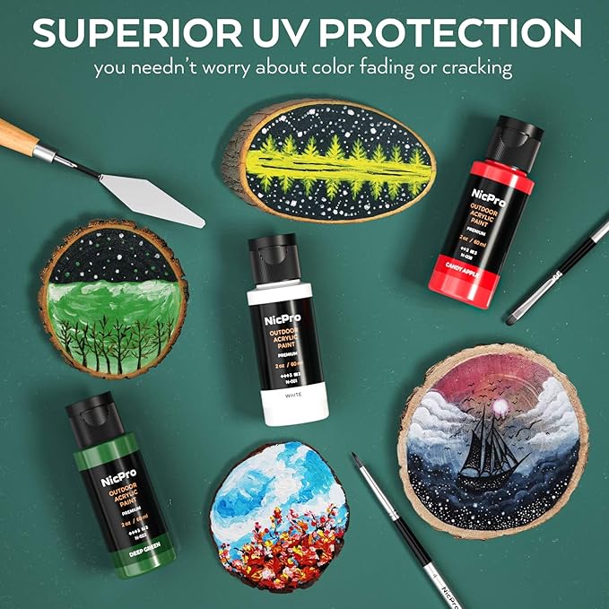 Nicpro 32 Colors Outdoor Acrylic Paint Bulk with Brush and Sponge, Knife, Non-Toxic Paint for Multi-surface Rock, Wood, Fabric, Leather, Crafts, Canvas, Shoes and Wall Painting