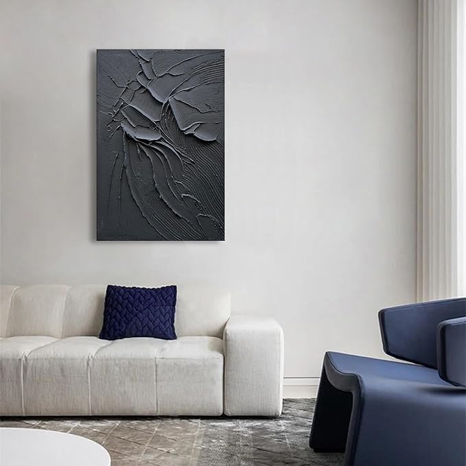 NANKAI Art Hand Painted Pure Black Wall Decoration Art Modern Minimalist Oil Painting 36x24 inch Vertical Thick Texture Wall Art Home Office Corridor Wall Art Decoration