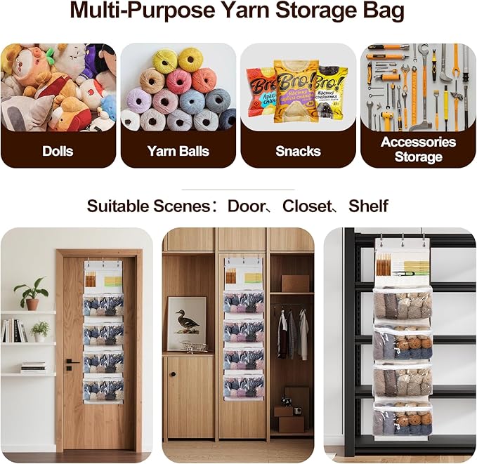 LoforHoney Home Yarn Storage, Hanging Yarn Storage Organizer with 5 Zipper Closure Compartments, Over the Door Yarn Storage Bag for Crochet Hooks and Yarn Balls, Clear Hanging Yarn Holder with 3 Hooks
