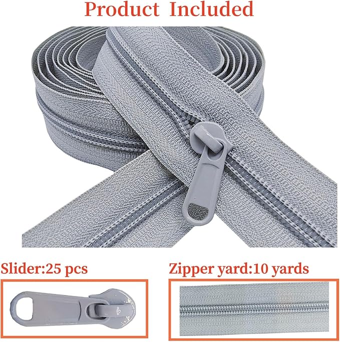 MebuZip #5 Nylon Coil Zippers by The Yard Bulk Zipper Roll Zipper Tape 10 Yards with 25pcs Pulls for Sewing Tailor DIY Craft Bags Pillows (Grey 10Yards)
