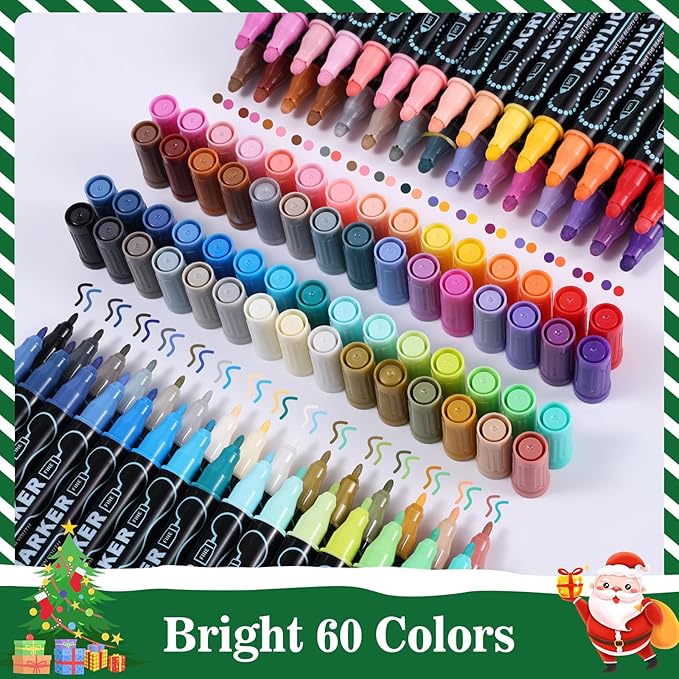60 Colors Waterproof Dual Tip Acrylic Paint Markers for Adult, Dot & Fine Tip Premium Professional Coloring Markers Set for Rock, Glass, Wood, Ceramic and DIY Crafts Making Art Supplies