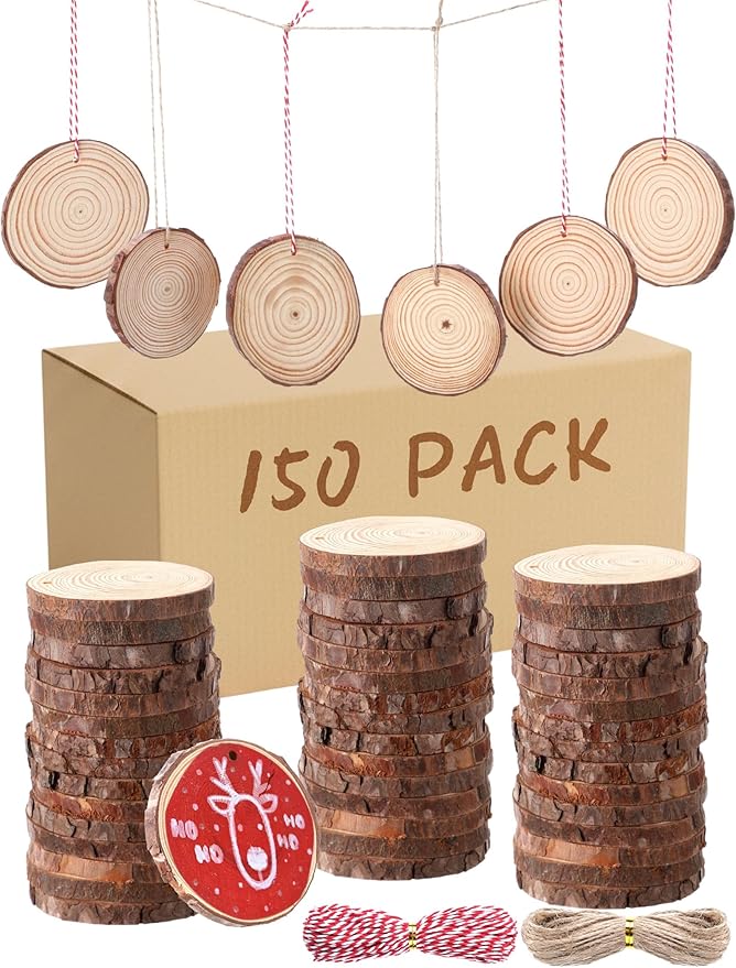 Tioncy 150 Pcs Wood Slices 3"-3.5" Unfinished Wood Rounds with Pre-drilled Hole and 9 Roll Twine String Natural Wooden Circles Hanging Ornaments Craft for Home Decor Painting DIY Party
