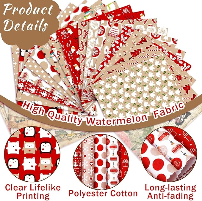 HunnmingRe 20 Pcs 10''x10'' Christmas Quilting Fabric Square Hot Cocoa Santa Candy Cane Snowman Quiltted Fabric Bundle Red Precuts Printed Patchwork Supplies for Holiday DIY Sewing Craft