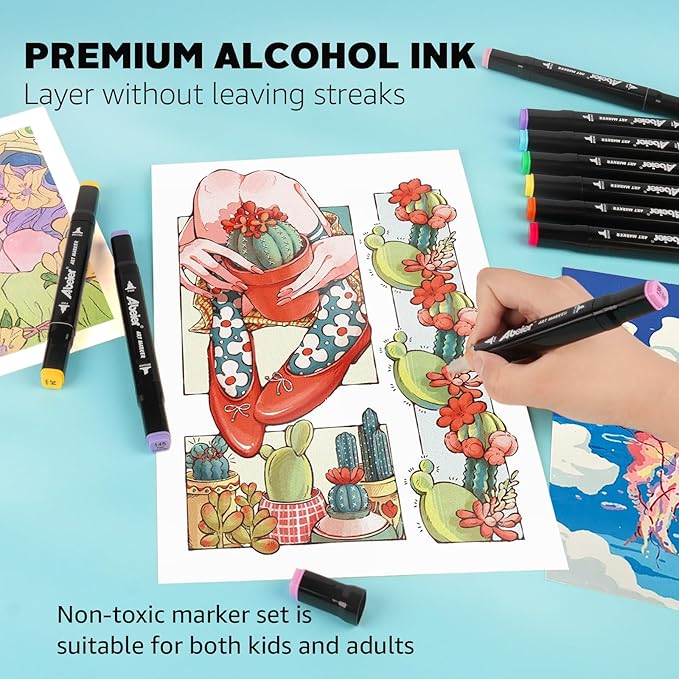 ABEIER 204 Alcohol Markers Set, Dual Tips Blender Art Markers for Drawing, Permanent Sketch Marker for adult coloring, Alcohol Based, Adults Coloring and Artist Illustration.