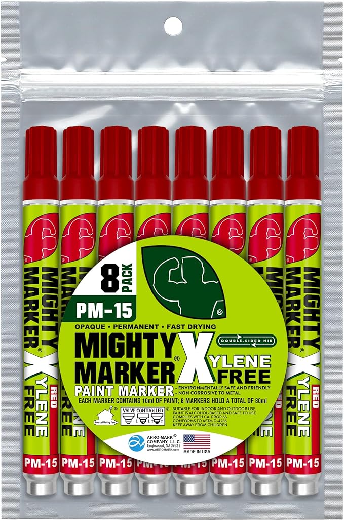 PM-15, Eco-Friendly Paint Marker, Alcohol-Based & Xylene-Free, Waterproof & Permanent, 10ml, 2.3mm Tip, 8 Bonus Tips, Made in USA, Red 8 Pack