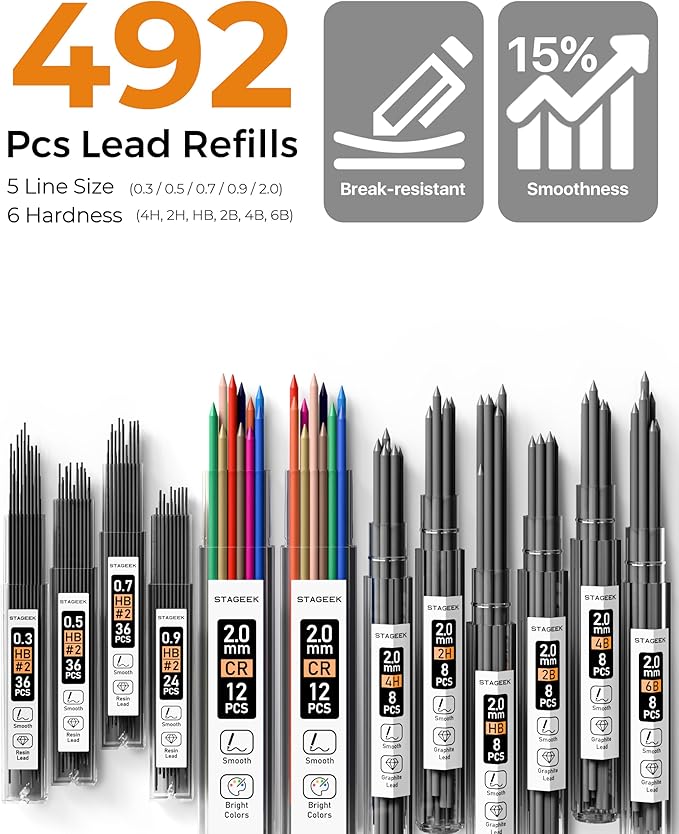 Mechanical Pencil Set with Case 37 Count, Drawing Pencils 0.3, 0.5, 0.7, 0.9MM & 2PCS 2MM Sketching Pencils with 492PCS Lead Refills (6B 4B 2B HB 2H 4H Color) for Artist Drafting Drawing