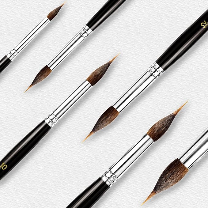 Watercolor Brushes Set 3Pcs Extended Needle Point Brushes Synthetic Extra Pinhead Brush for Fine Detailing, with Belly Reservoir for Continuous Painting & Broad Washes Great for Artists