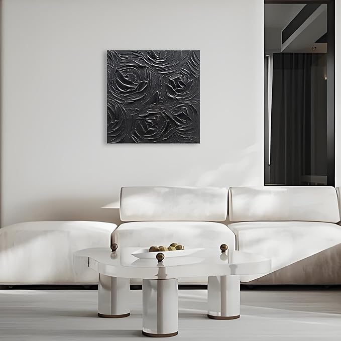 Art Hand-Painted Abstract Three-Dimensional Textured Black Rose Flower Art Oil Painting, 24x24 inches. Modern Minimalist Style Art. Suitable for Wall Decoration in Home Office