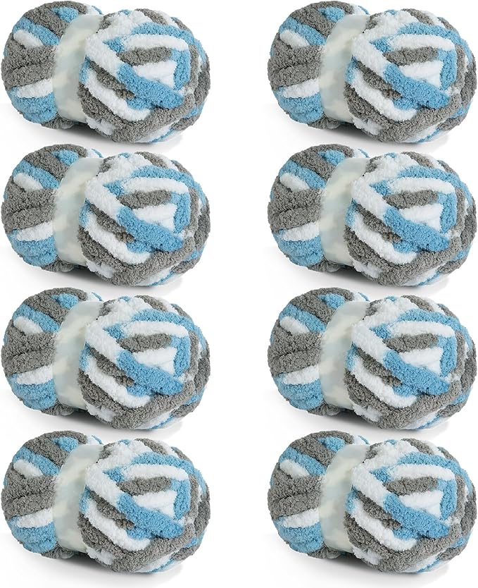 HOMBYS 8 Pack Giant Chunky Yarn for Crocheting,Super Bulky Large Soft Fluffy Yarn,Tie Dye Plush Fuzzy Yarn,Mixed Color Thick Chenille Yarn for Hand Knitting/Arm Knitting(Blue,Grey,White)