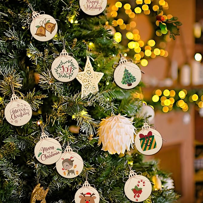 Artmag 100pcs Christmas Unfinished Wood Wooden DIY Hanging Ornaments Blank Round Wood Discs for Crafts Centerpieces Holiday Christmas Hanging Decor Decorations