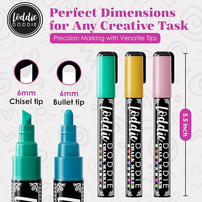 Loddie Doddie Liquid Chalk Markers - Pack of 8, Macaron Pastel, 6mm Point - Dual Tips for Chalk Pens - Versatile on Glass & Acrylic with Acrylic Markers