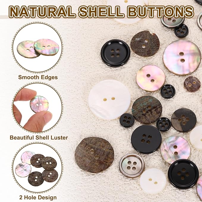 uxcell 20Pcs Natural Shell Buttons, 20mm 2-Hole Round Shell Craft Sewing Button, Decorative Accessories for Coats, Shirts, Clothing DIY Projects, Natural Color