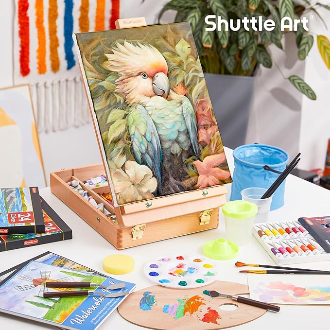 Shuttle Art 168 Pcs Artist Painting Kit, Deluxe Art Kit with Paint, Wooden Easel, Canvases, Paper Pads, Brushes and Other Art Supplies for Adults, Kids and Artists