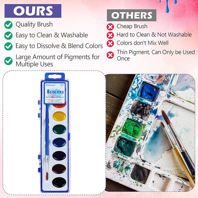 24 Pack Watercolor Paint Set - 8 Colors Quality Washable Water Color Paints Sets with Paint Brush, Kids Watercolor Paint Set for Coloring, Art, Classrooms, Party Favors and Paint Supplies