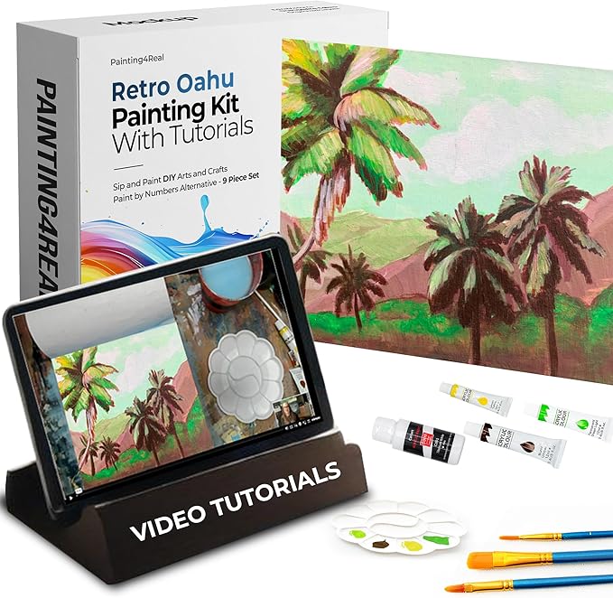 Painting4Real DIY Art Painting Kit for Adults – Learn to Paint Retro Oahu with Video Tutorials – 9 Pieces Acrylic Paint Set for Adults –Perfect Christmas Crafts & Holiday Gifts for Art Lovers