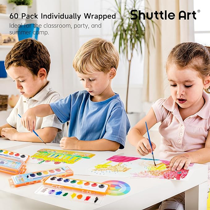 Shuttle Art 60 Pack Watercolor Paint Set, 8 Colors with Paint Brushes & Color Wheels, Washable for Kids & Adults, Suitable for Classroom, Parties, Kindergarten & Art