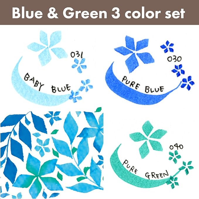 Kuretake Zig Calligraphy Dual Tip Marker Pens 3 colors set, BlueGreen, 2mm, 5mm, Double Tip, for Art, Sketch, illustration, Calligraphy, Journal, Drawing, Made in Japan