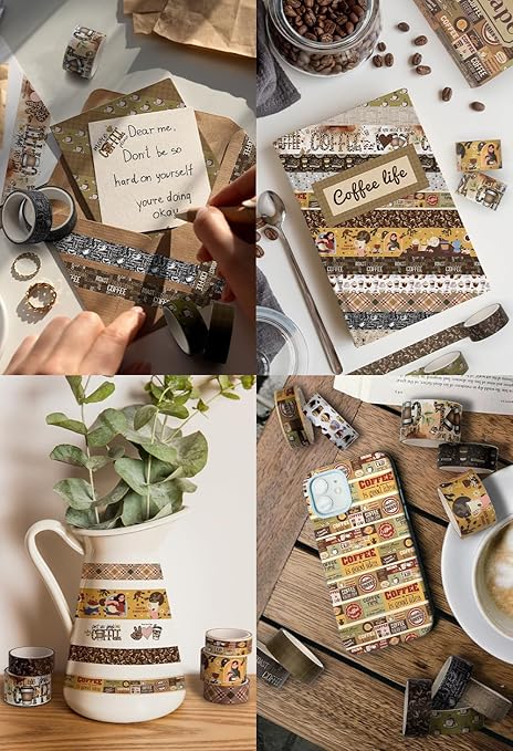 Coffee Themed Washi Tape Set, 14 Rolls Vintage Crafts Tape, Art Decorative Tape for Scrapbooking Supplies, Junk Journal, Bullet Journaling, Vision Board Supplies