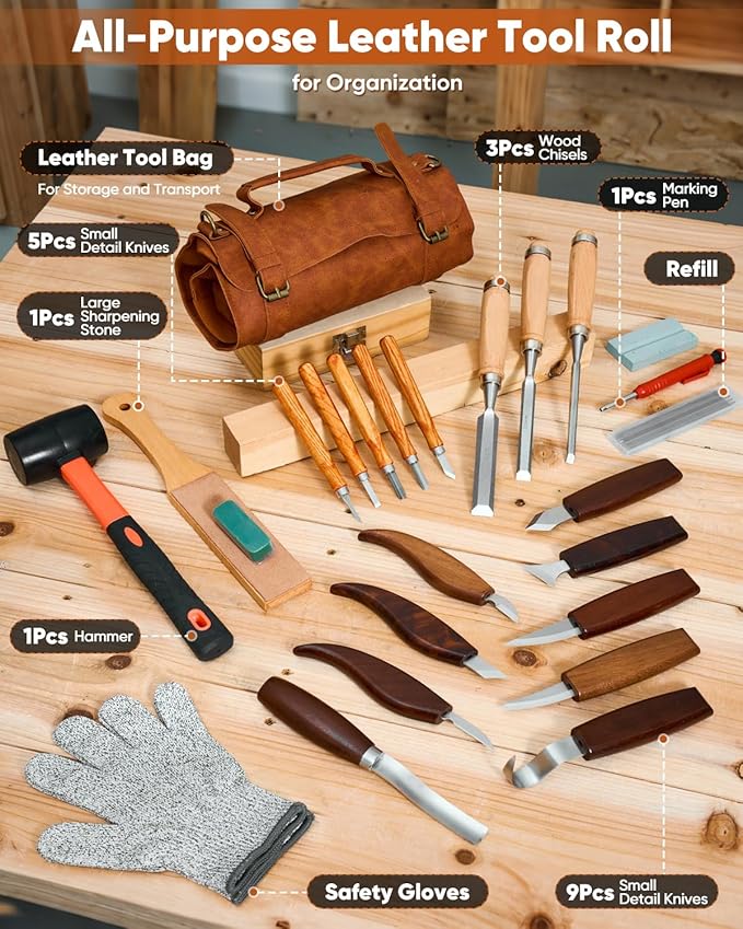 Deluxe Wood Carving Kit, 25 Piece Wood Carving Tools with Thick Leather Storage Bag,Wood Whittling Tools -Ideal Woodworking Tools and Hobbies for Beginners Enthusiasts Kids Gift DIY