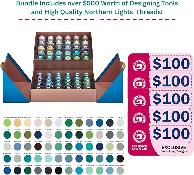 Bernette B79 Sewing & Embroidery Machine - Deluxe Embroidery Design Tools Bundle (Over $500 Embroidery Design Tools and 60 pcs Northern Lights Thread)
