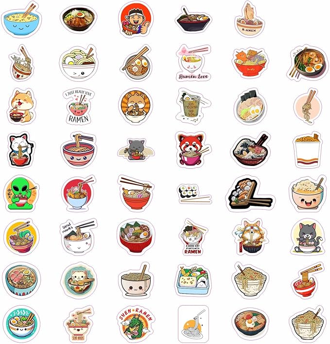 BulbaCraft Ramen Stickers for Water Bottle and Laptop - Foodie Party Supplies & Decorations, Waterproof Vinyl Noodle Decals, Cute Ramen Stickers Laptop Decals, Gifts for Women & Men