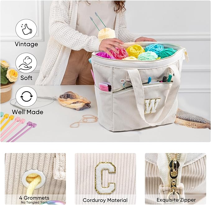 Initial Personalized Corduroy Yarn Storage Tote - Yarn Holder and Crochet Organizer for Hooks, Accessories, Project and Knitting Bag - Gift for Crochet Lovers