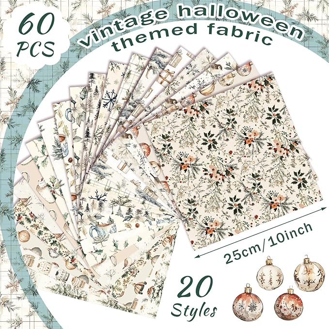 60 Pcs 10 x 10 Inch Boho Christmas Quilting Fabric Woodland Christmas Fat Squares Patchwork Precut Neutral Beige Fabric Bundles for Xmas Winter Quilting Crafting DIY Craft Sewing