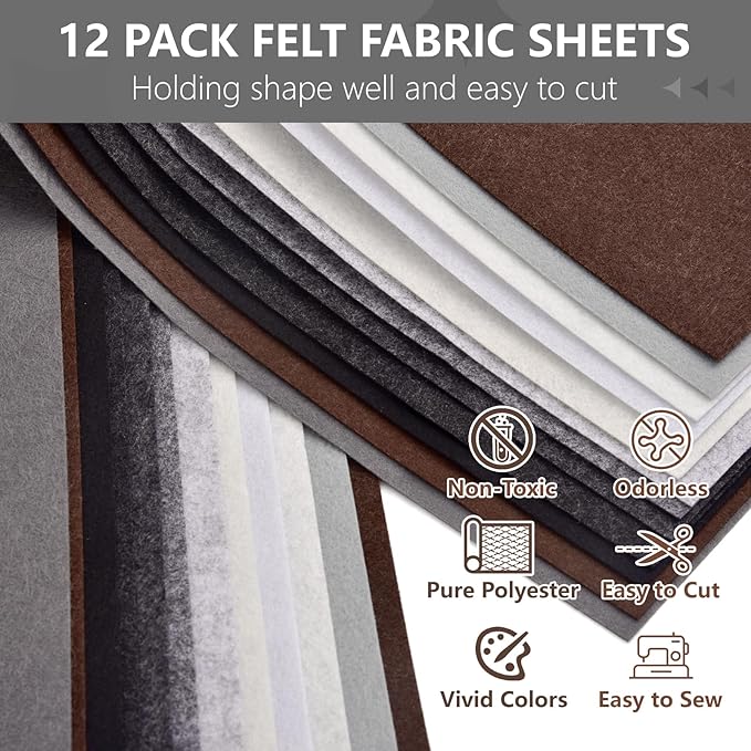 Large Stiff Felt Sheets Bundle Felt Fabric Sheets for Crafts 12 Rolls 8"x35" Soft Black Grey Color 12 Assorted Colors Felt Pack for DIY Craft Sewing Squares Nonwoven Patchwork (Grey)