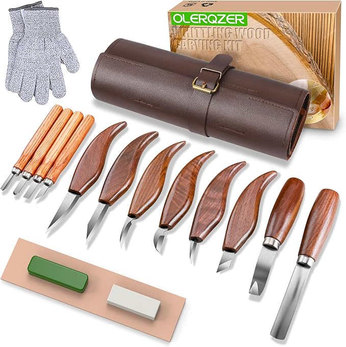 Olerqzer 26-in-1 Wood Carving Kit with Detail Wood Carving Knife, Whittling Knife, Wood Chisel Knife, Gloves, Carving Knife Sharpener for Spoon, Bowl, Kuksa Cup (15PCS Wood Carving Tools)