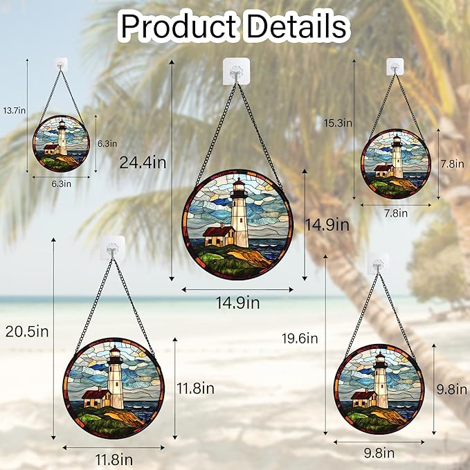 Stained Glass Window Hanging, Ocean Lighthouse Sun Catchers Glass Panel Blue Green Suncatcher Decor for Birthday for Women, Men, Wife, Aunt, and Mom 14.9x14.9 in