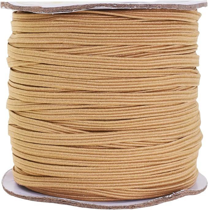 Mandala Crafts 3mm 50 Yds Roll of Tan Elastic Bands for Sewing - 1/8 Flat Elastics Cord - 1 8 Inch Braided Stretch Straps for Crafting