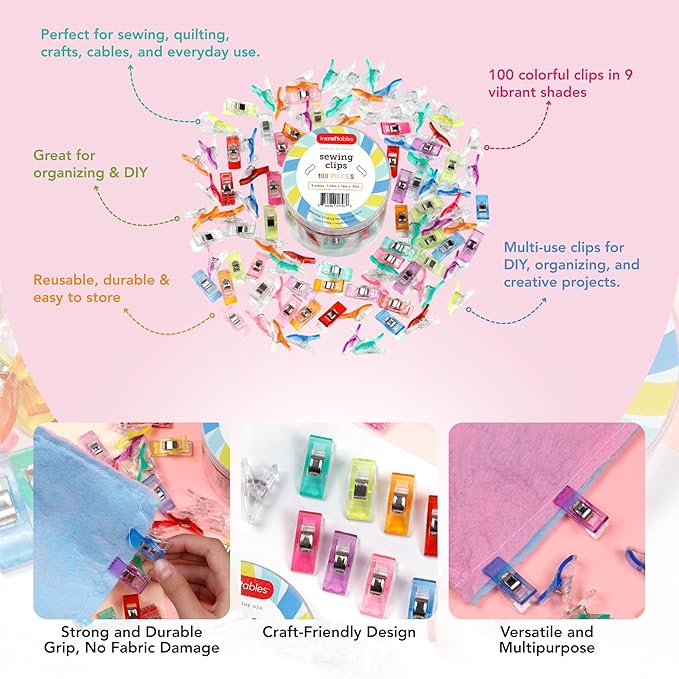 Incraftables Assorted Sewing Clips - Pack of 100 Multipurpose Clips – Fabric Clips for Sewing and Quilting – Colorful Clips for Crafting, Binding, Quilting, & More
