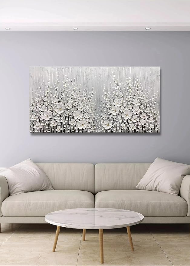 V-inspire Art, 30x60 Inch Hand Painted 3D White Flowers Wall Art Abstract Canvas Oil Paintings Wall Decorations for Living room Dining room Bedroom Artwork for Home Walls
