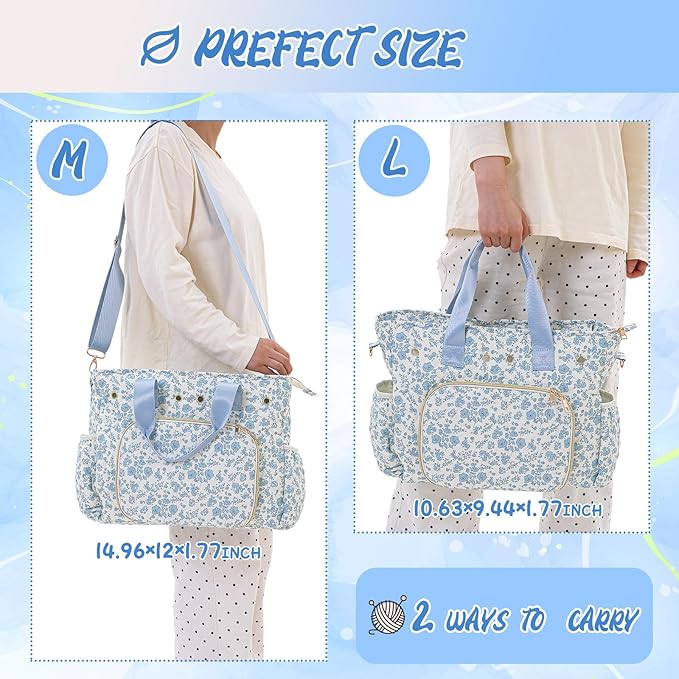 SilTriangle Large Blue Floral Quilted Crochet Knitting Bags and Totes Organizer Cotton Yarn Hook Bag Holder Christmas Corduroy Gift for Crochet Lover Crocheting Accessories, Needle with Zipper, Size M
