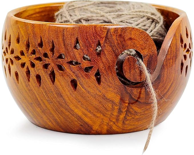 Nagina International Rosewood Crafted Wooden Yarn Storage Bowl With Carved Holes & Drills | Knitting Crochet Accessories (XL)
