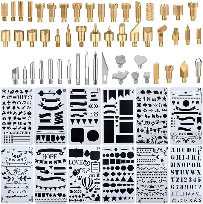 65 Pcs Wood Burning Kits,Professional Carving/Embossing/Soldering Iron Tips,Letter/Number/Drawing Stencil,Wood Burner Craft Tools for Woodworking,Leather