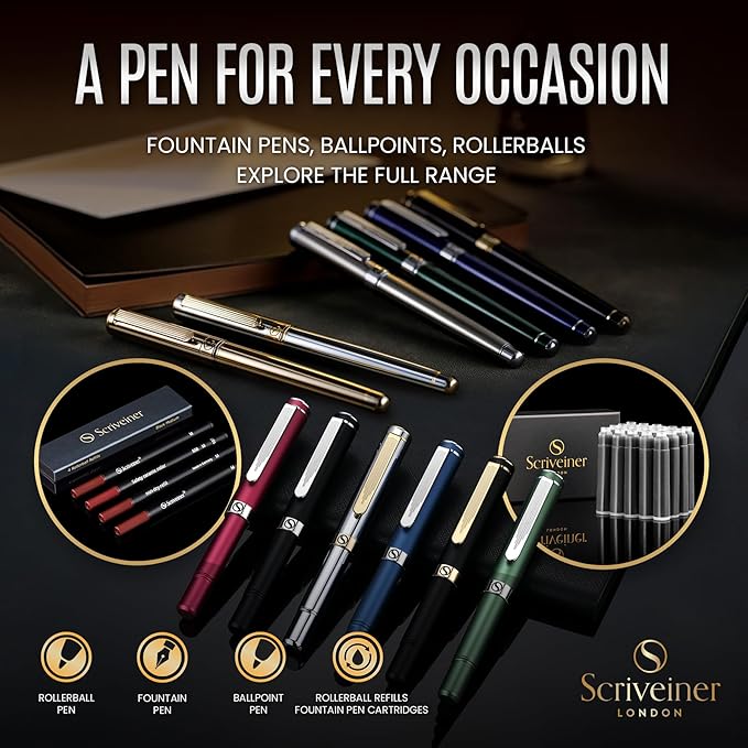 Scriveiner Personalized British Racing Green Fountain Pen - Stunning Green Lacquer Luxury Pen w/Chrome Finish, German Schmidt Nib (Medium), Best Engraved Pen Gift Set for Men & Women, Name Engraving