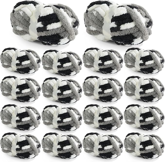 HOMBYS 18 Pack Giant Chunky Yarn for Crocheting,Super Bulky Large Soft Fluffy Yarn,Tie Dye Plush Fuzzy Yarn,Mixed Color Thick Chenille Yarn for Hand Knitting/Arm Knitting (Black, White, Grey)