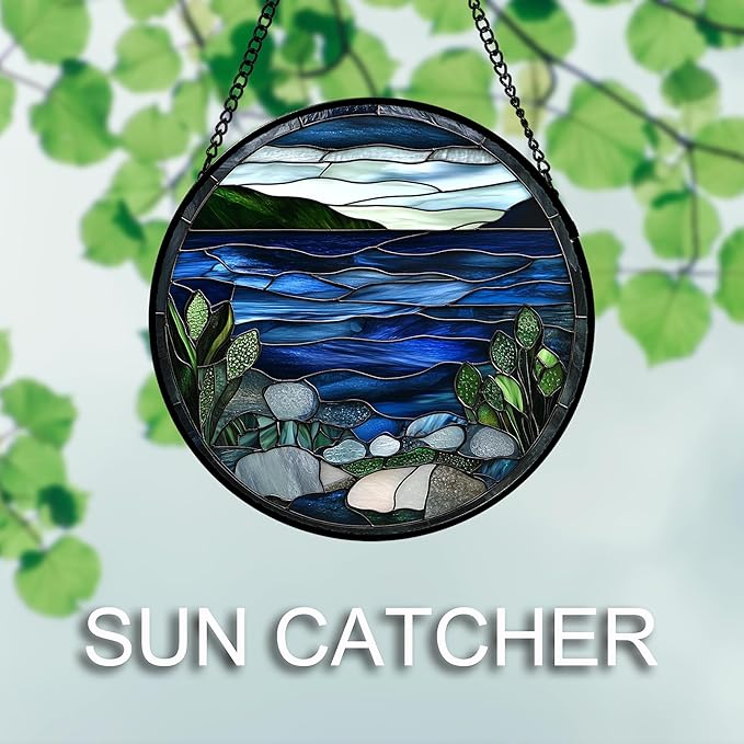 Stained Glass Window Hanging 4 Pcs Set Navy Blue Ocean Landscape 6.3" - Suncatcher Door Garden Sun Catcher Decor Birthday Mother's Day for Mom Woman Nana Girl Boy Friend