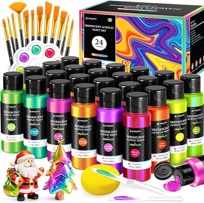 40 PCS Iridescent Acrylic Paint Set with 12 Brushes, 2 Knives & Palette, 24 Colors (2oz/60ml) Art Craft Paint for Adults Kids Artists Beginners, Canvas Ceramic Rocks Wood Painting Kit Art Supplies
