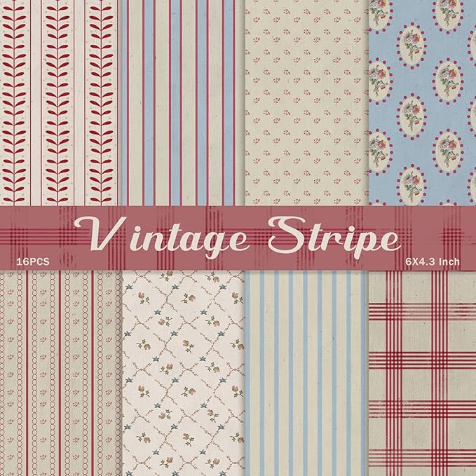 Scrapbook Paper,16 Sheets 4.1x5.8 Inch Vintage Stripe Style Scrapbook Supplies,Single-Sided Vivid Origami Decoupage Paper for DIY Crafts, Card Making, Art Journaling