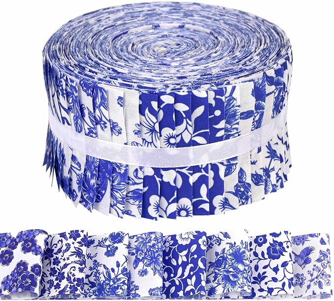 40 Pcs Chinoiserie Cotton Jelly Fabric Strips Blue and White Porcelain Patchwork Strips Roll for Quilting Crafting Blue White Floral Bird Precut Patchwork for Sewing DIY Crafts