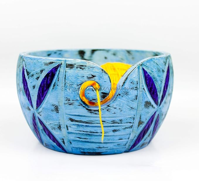Nagina International Exquisite Premium Yarn Ball Storage Bowls | Hand Painted Lovely Decor Yet Functional Yarn Dispenser (Medium (7 x 3 x 7 Inches), Frozen Blue)