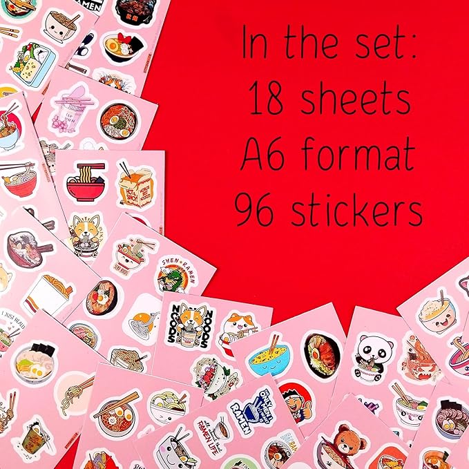 BulbaCraft Ramen Stickers for Water Bottle and Laptop - Foodie Party Supplies & Decorations, Waterproof Vinyl Noodle Decals, Cute Ramen Stickers Laptop Decals, Gifts for Women & Men