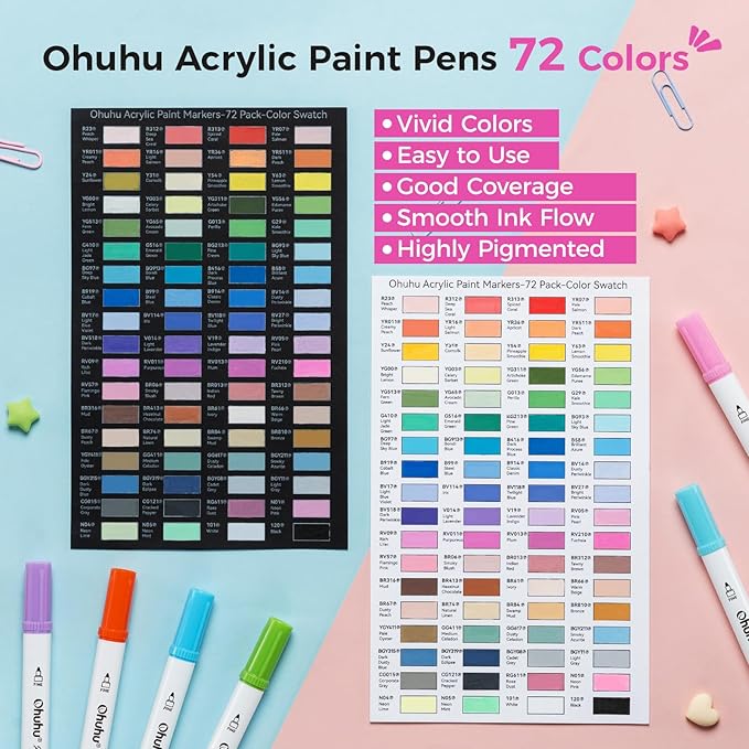 Ohuhu Acrylic Paint Markers Dual Tips: 72 Colors Fine & Dot Paint Pens High Opacity Acrylic Markers Waterproof Lightfast for Christmas Gifts Rock Painting 3D Prints Egg Wood Glass Ceramic DIY Crafts