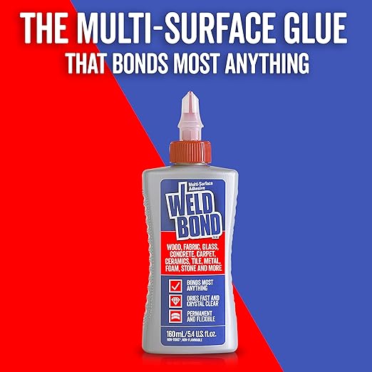 Weldbond All Purpose Glue, Bonds Most Anything! Non-Toxic Glue, Use as Wood Glue or on Glass Crafts Ceramic Mosaic Porcelain Tile Stone Fabric Carpet Metal & More. Dries Crystal Clear 5.4 oz / 160 ml