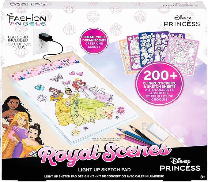 Fashion Angels Disney Princess Light Up Sketchpad, Kids Design Kit with Illuminated Tracing Pad, 5 Reusable Clings, Sticker Sheet & More for Girls Ages 8+